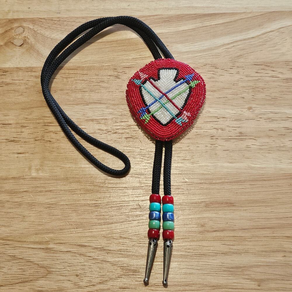 Vintage Native American Hand Stitched Red Arrowhead & Shield Beaded Bolo Tie